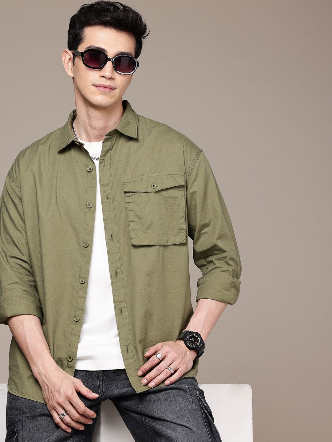 WROGN Drop-Shoulder Sleeves Oversized Pure Cotton Casual Shirt
