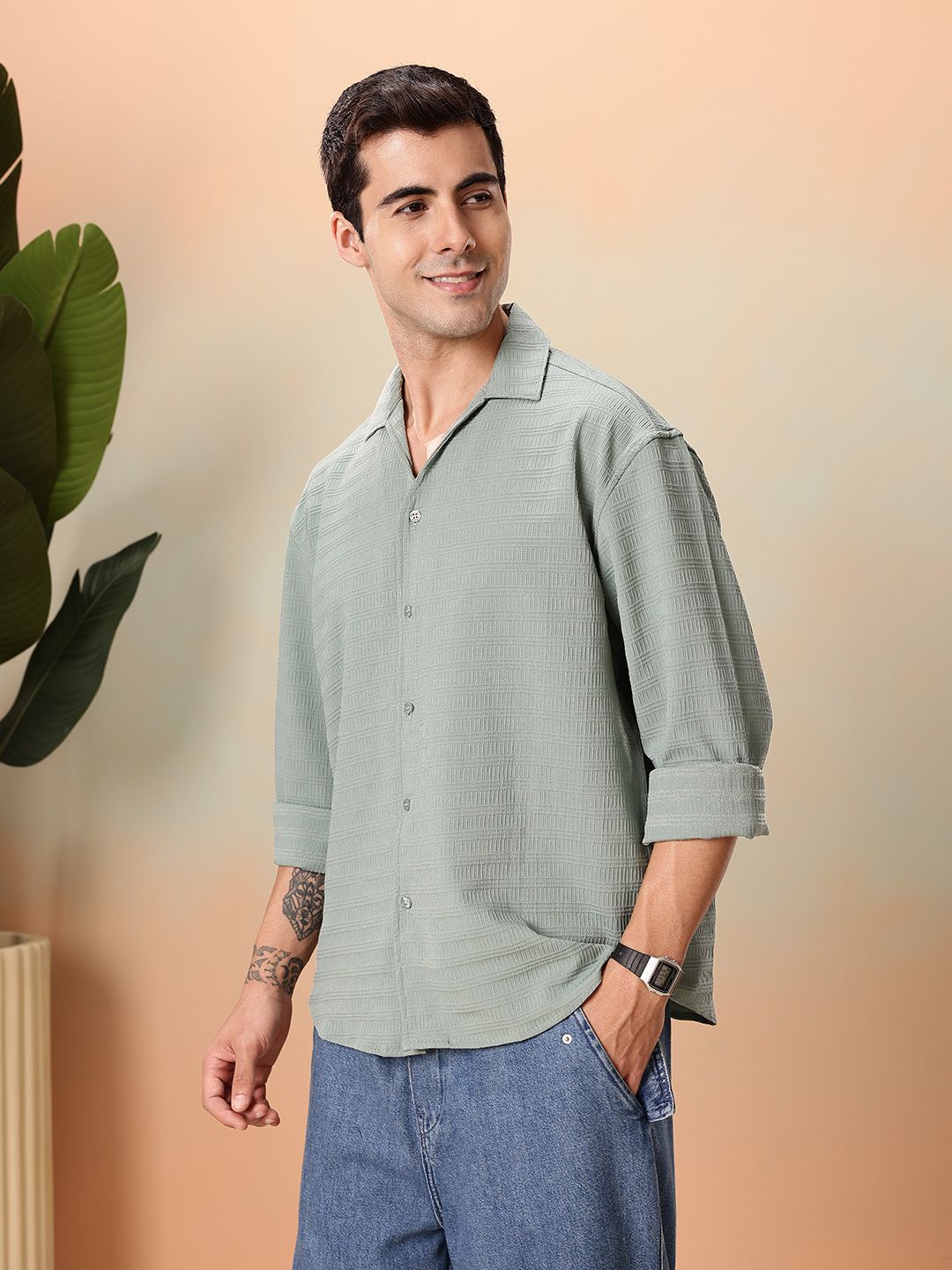 Mast & Harbour Textured Drop- Shoulder Sleeves Relaxed Fit Casual Shirt