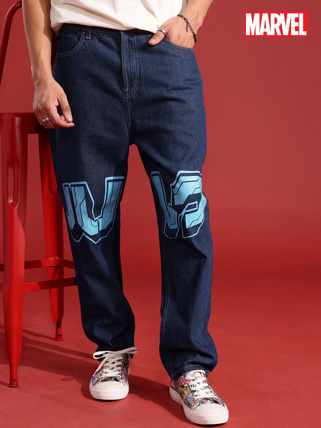 MARVEL STREET Men Pure Cotton Barrel Fit Printed Jeans