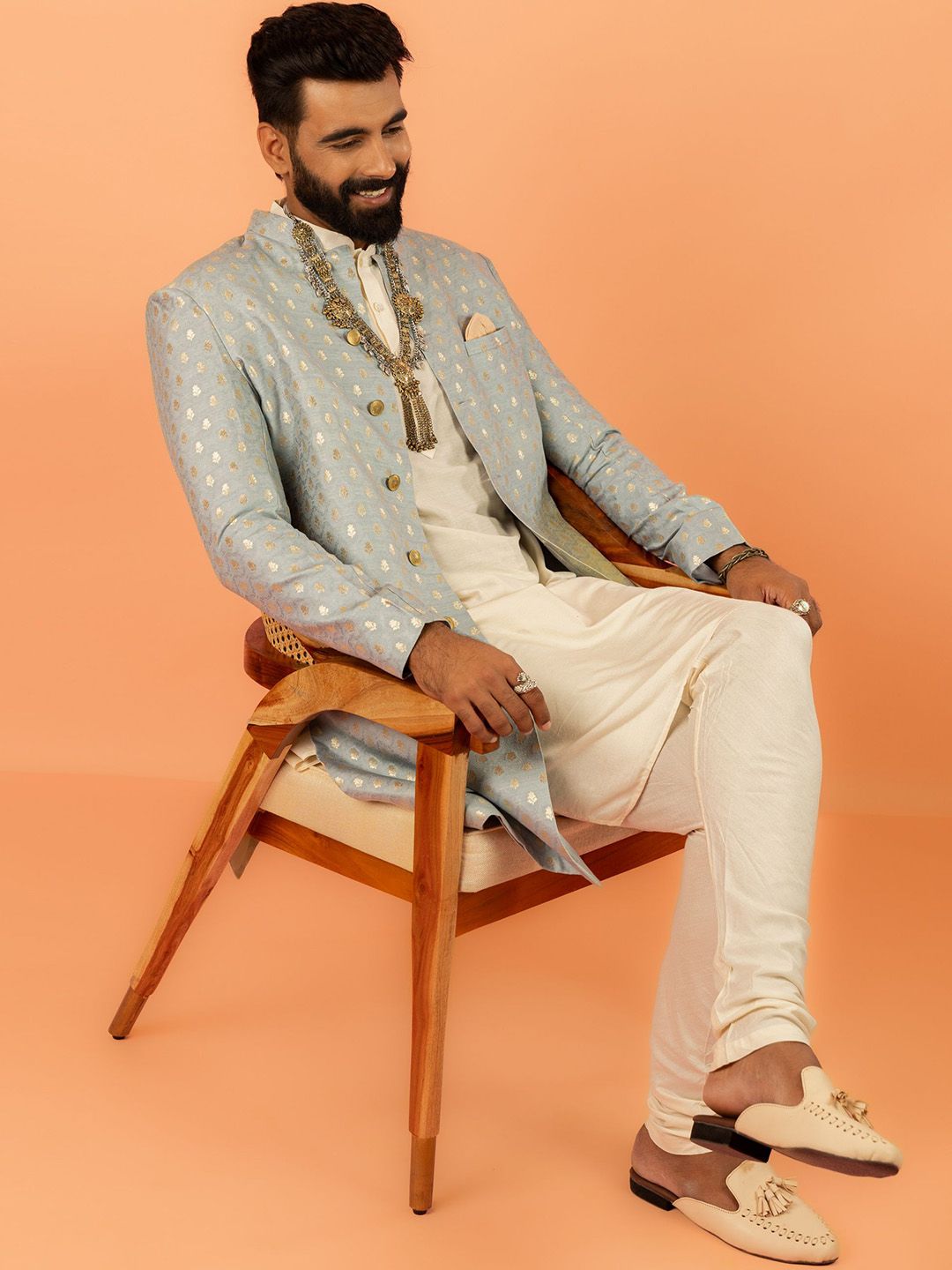 KISAH Self Design Mandarin Collar Indowestern Sherwani Churidar Set
