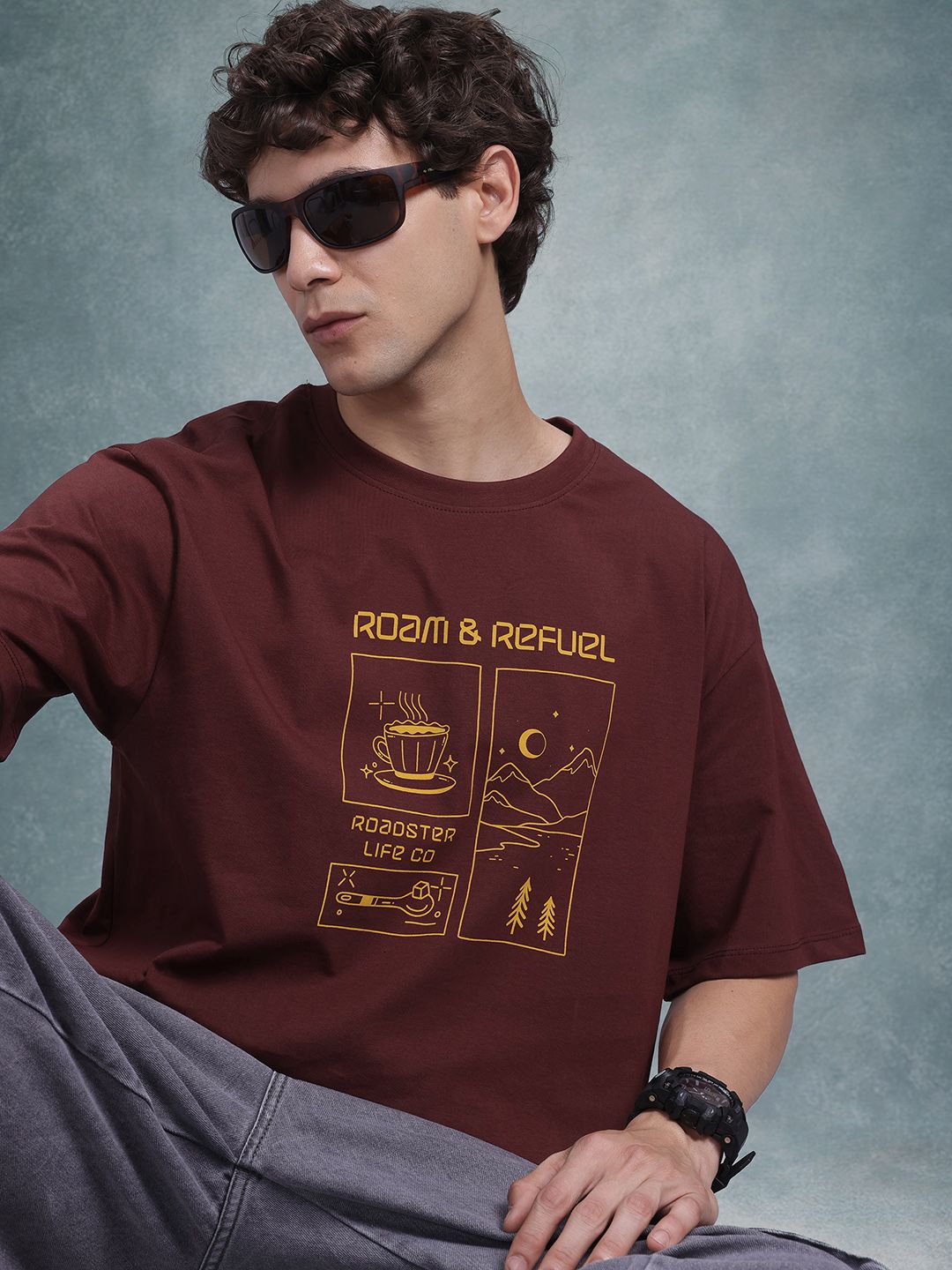 The Roadster Life Co. Typography Print Drop-Shoulder Sleeves Pure Cotton Relaxed Fit T-shirt