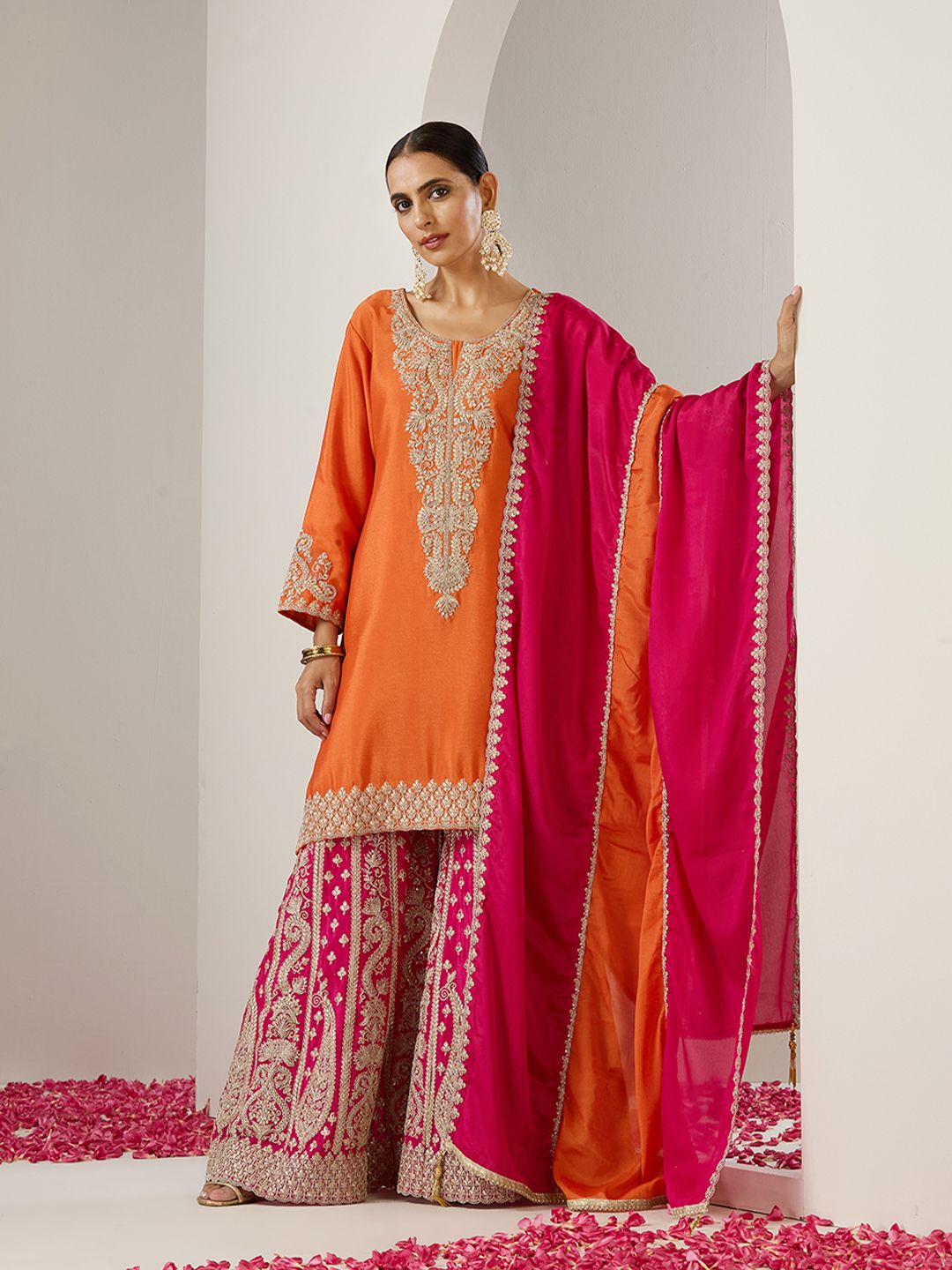 Ishin Orange Ethnic Motifs Embroidered Chinon Straight Republic Day Kurta With Sharara & Dupatta deal from myntra Ishin Orange Ethnic Motifs Embroidered Chinon Straight Republic Day Kurta With Sharara & Dupatta deal from myntra