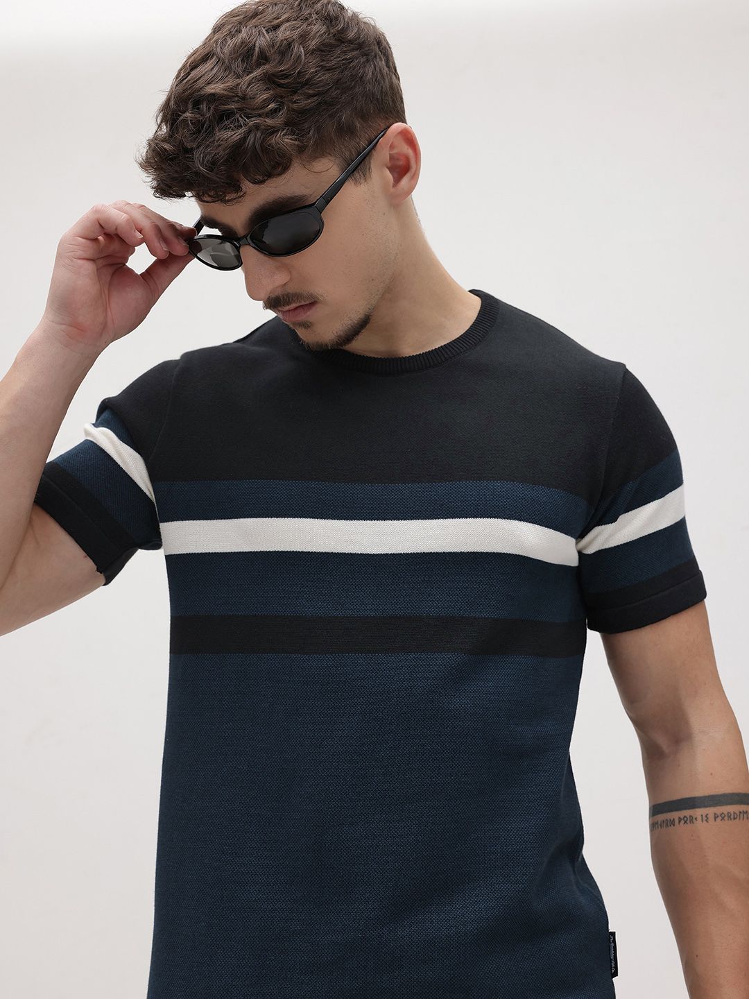 The Roadster Life Co. Horizontally Self-Striped Pure Cotton Knitted T-shirt