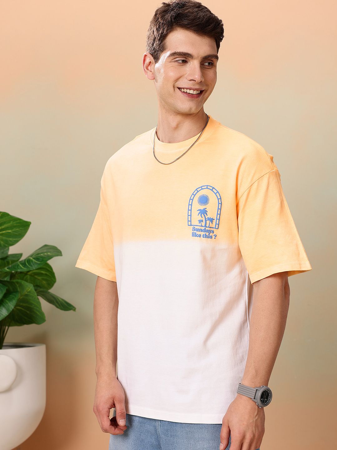 Mast & Harbour Typography & Ombre Tie and Dye Drop-Shoulder Sleeves Relaxed Fit T-shirt