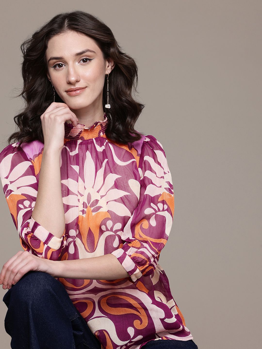 Label Ritu Kumar Print Puff Sleeves Georgette Top