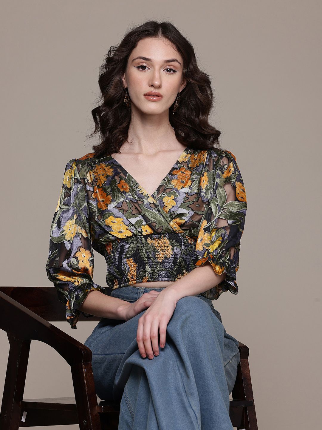 Label Ritu Kumar Floral Printed Puff Sleeve Satin Wrap Crop Top with Smocked Waist