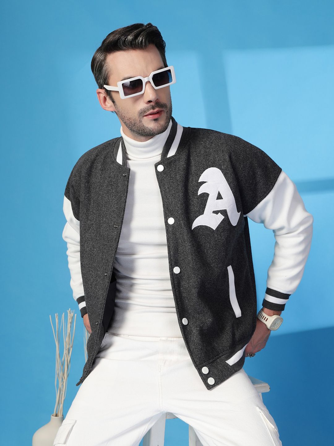 CHKOKKO Men Stand Collar Typography Printed Fleece Casual Varsity Jacket