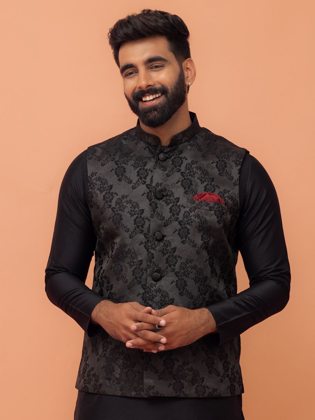 KISAH Men Ethnic Motifs Mandarin Collar Woven Design Nehru Jacket