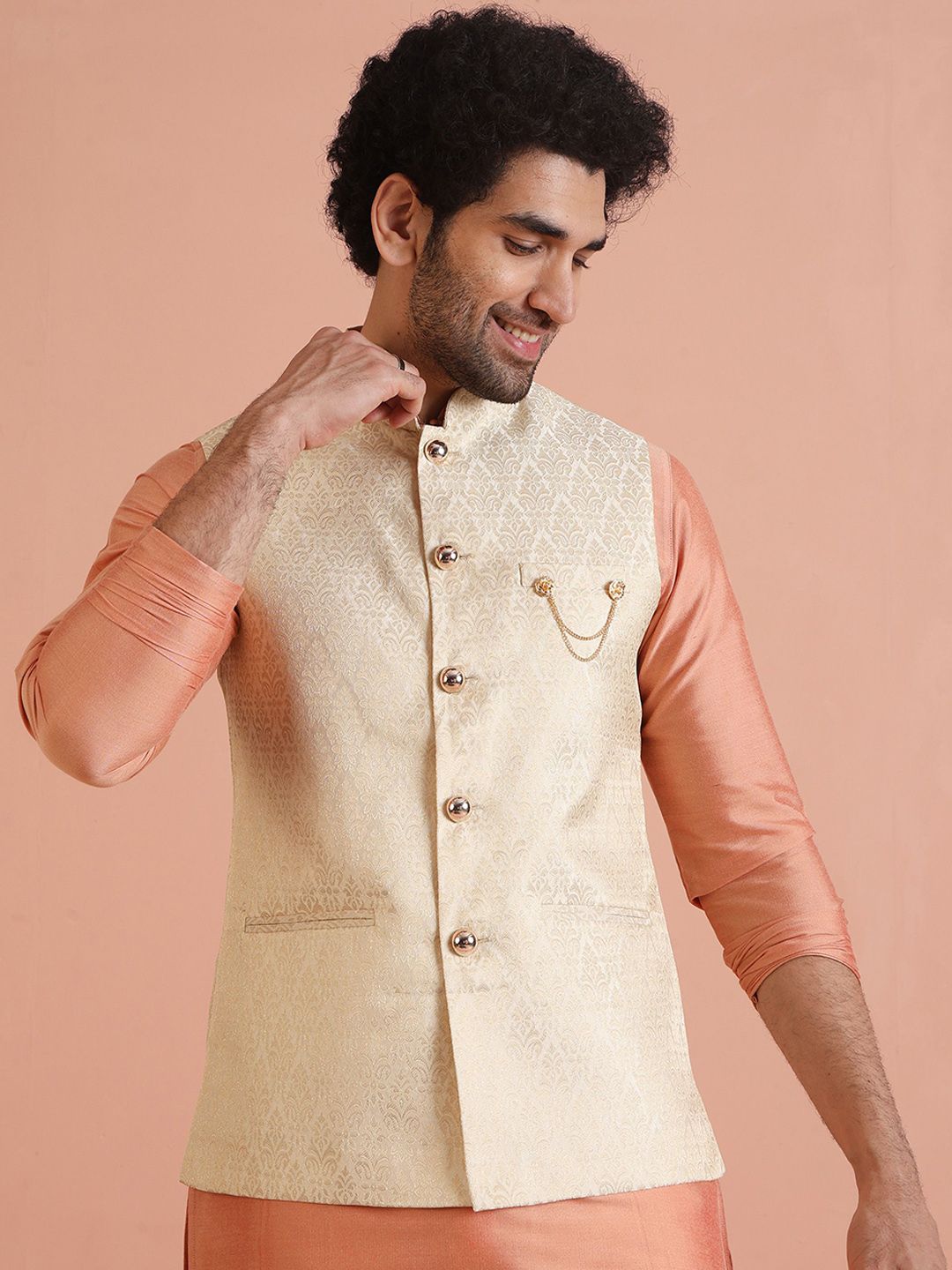 KISAH Men Ethnic Motifs Mandarin Collar Woven Design Nehru Jacket