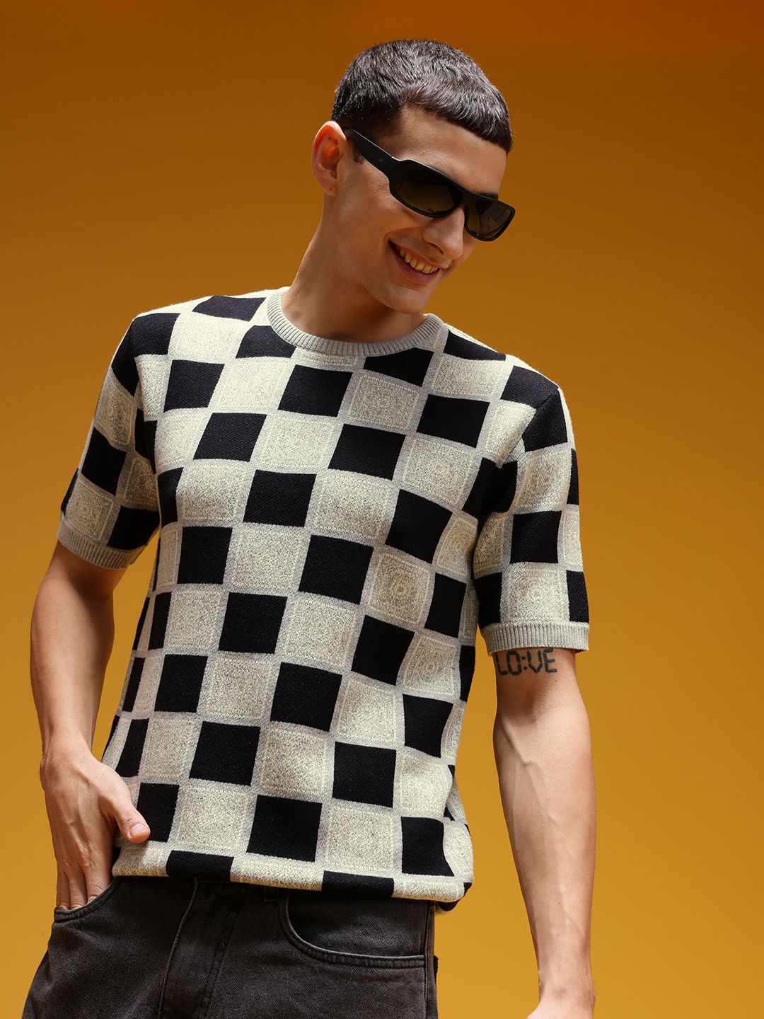 HERE&NOW Men Checked Pure Cotton T-shirt