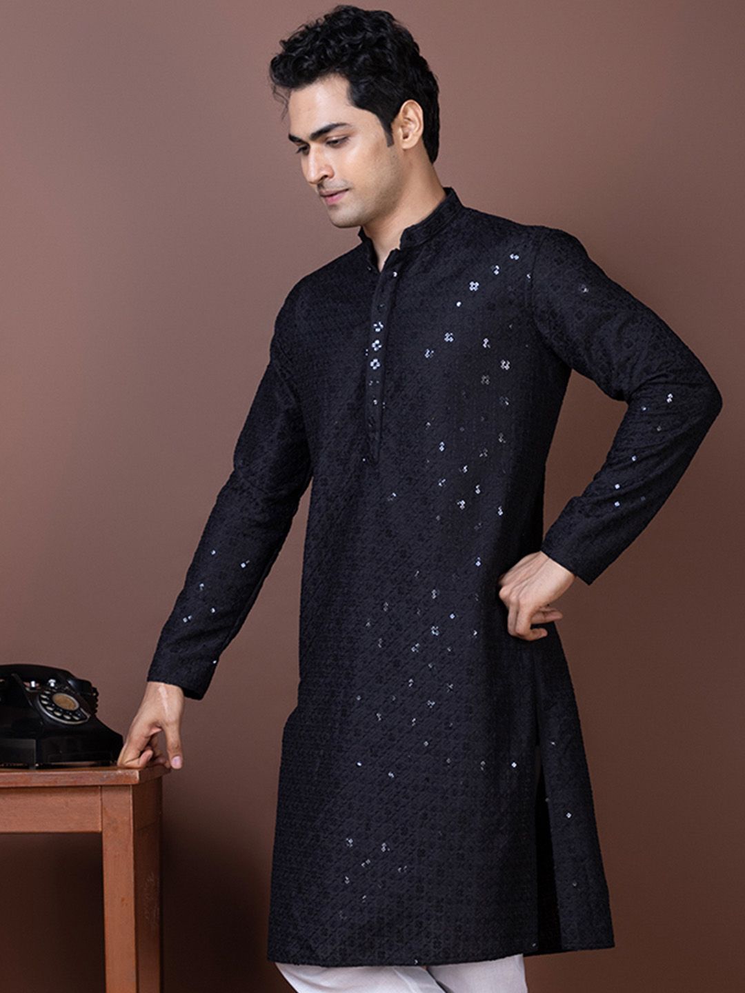 DEVOILER Black Mandarin Collar Sequinned Chikankari Straight Kurta