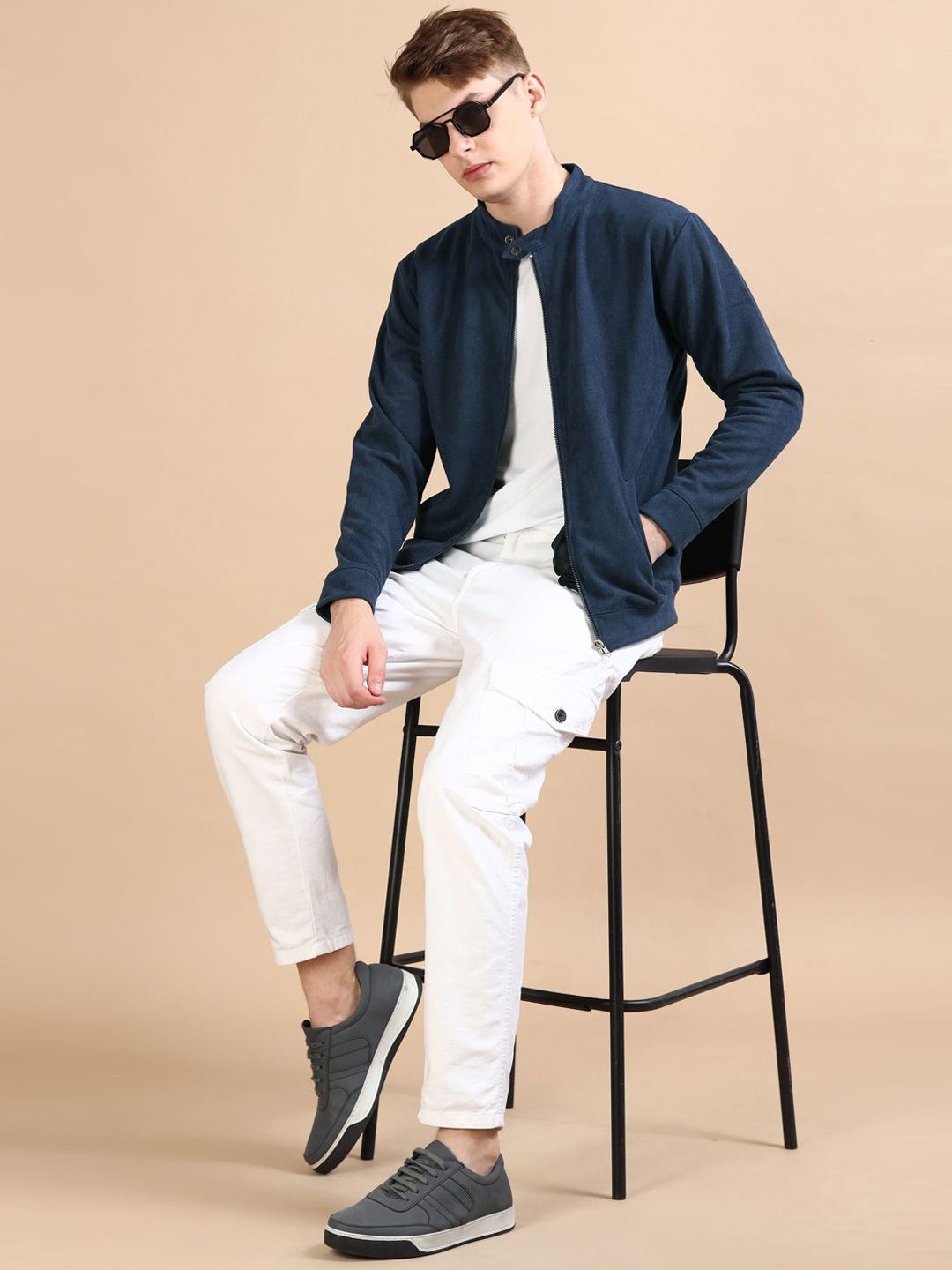 Bushirt Men Mandarin Collar Solid Casual Bomber Jacket