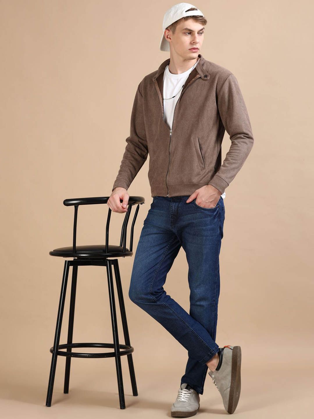Bushirt Men Mandarin Collar Solid Casual Bomber Jacket