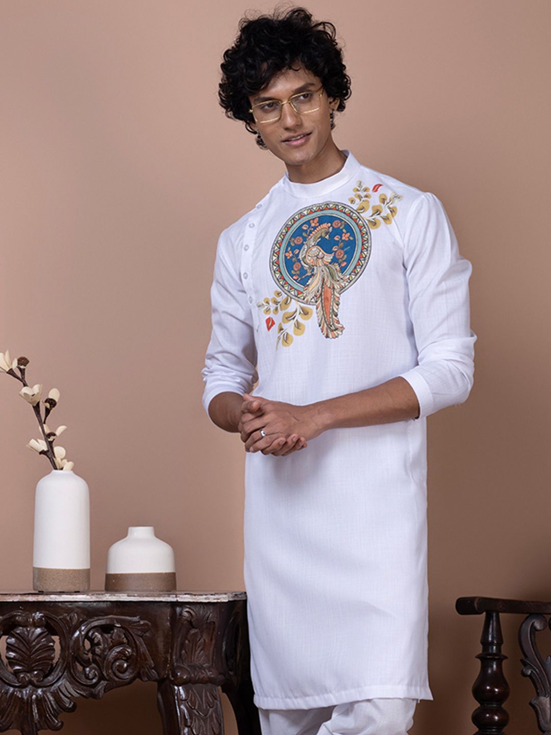 DEVOILER Floral Printed Mandarin Collar Cotton Straight Kurta