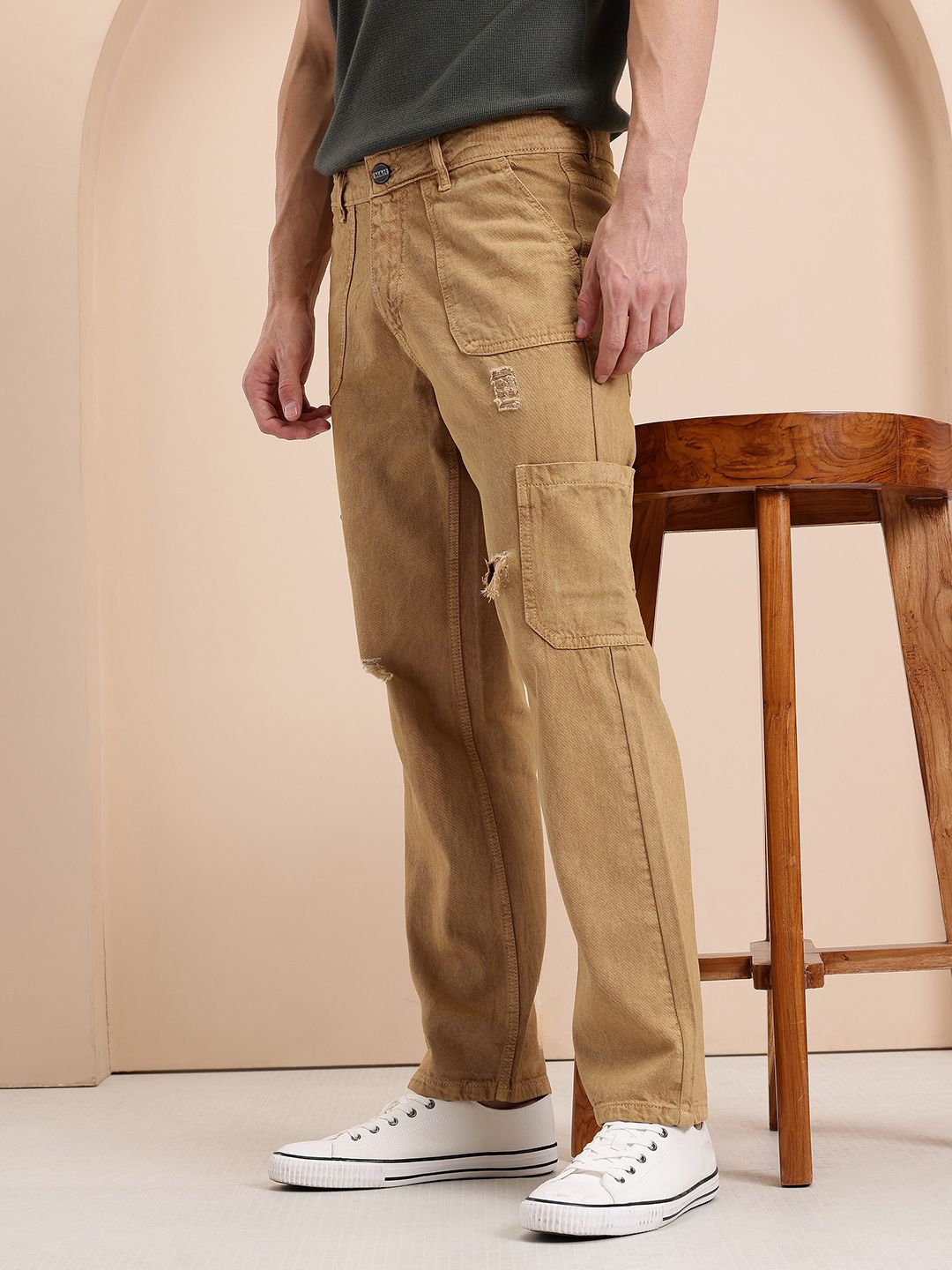 Mast & Harbour Men Cargo-Style Regular Fit Ripped Jeans