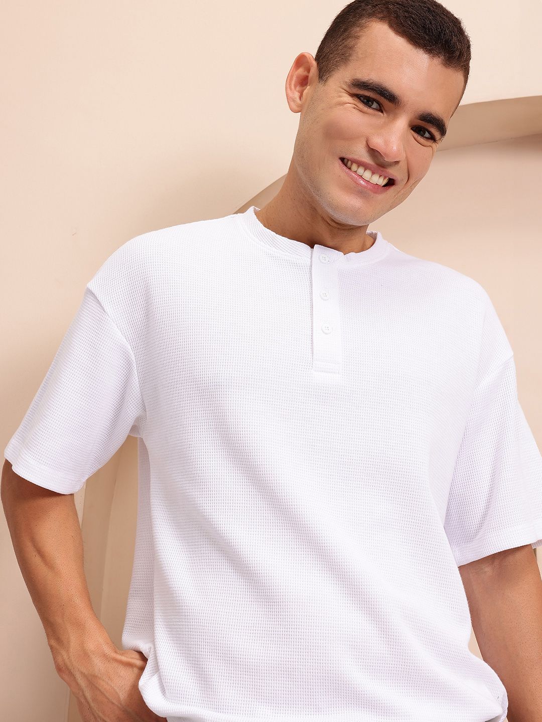 Mast & Harbour Waffle Knit Henley Neck Drop-Shoulder Sleeves Oversized T-shirt