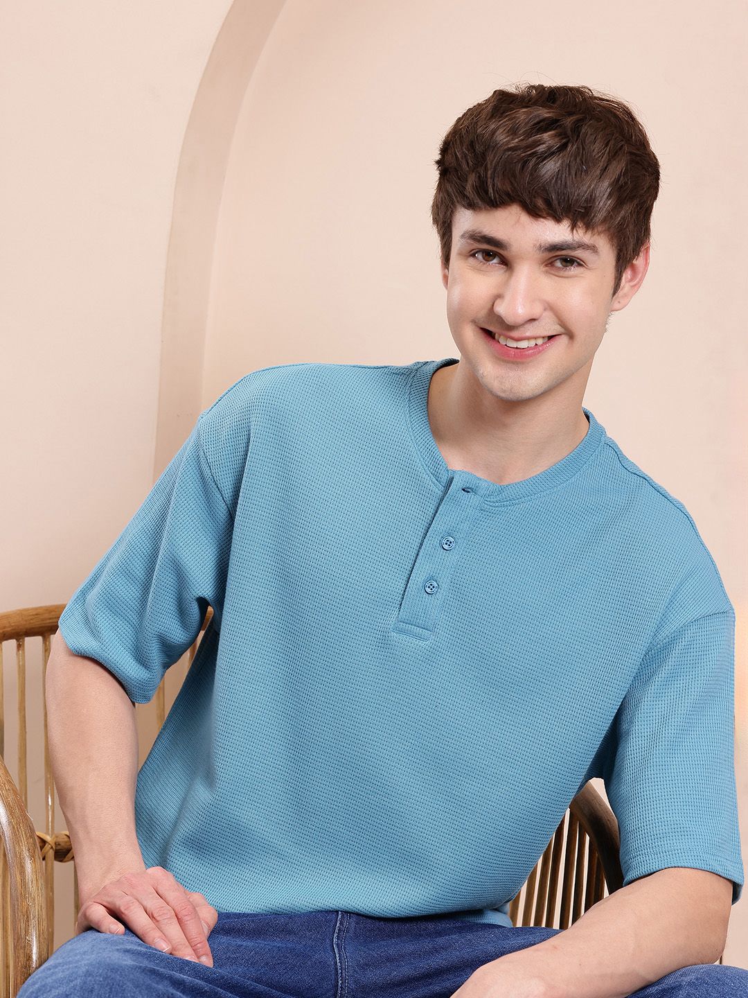 Mast & Harbour Waffle Knit Henley Neck Drop-Shoulder Sleeves Oversized T-shirt