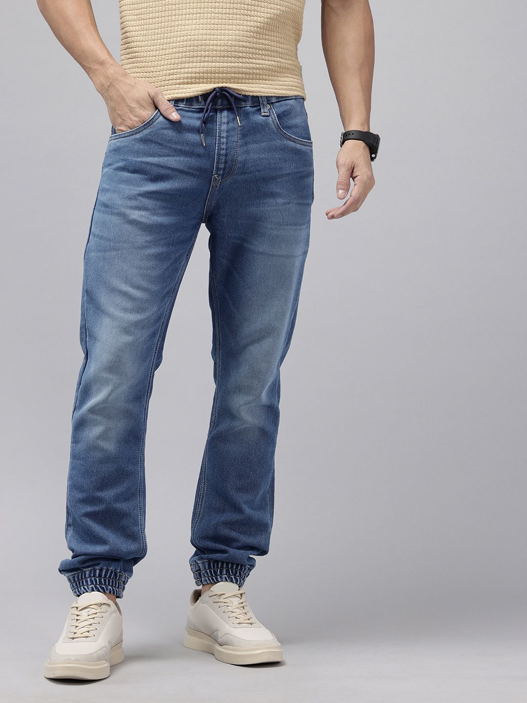 Men High-Rise Denim Joggers SPYKAR Men High-Rise Heavy Fade Stretchable Denim Joggers