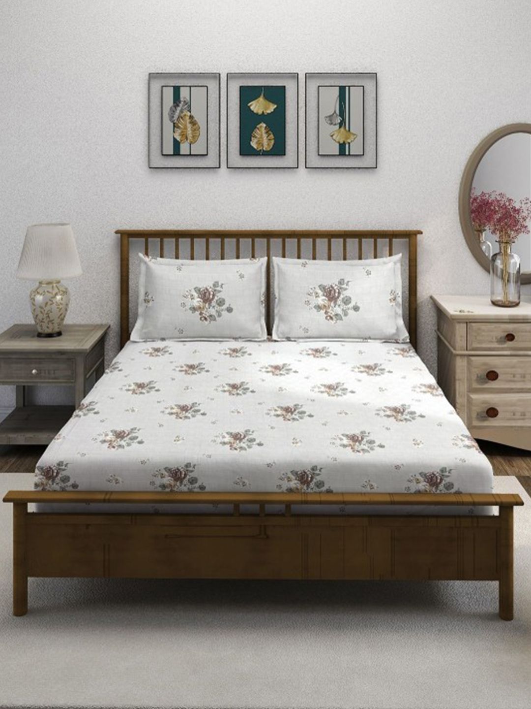 SWAYAM SWAYAM Ananda Beige Floral Pure Cotton 210 TC Queen Fine Bedsheet with 2 Pillow Covers-90 x 107 inches