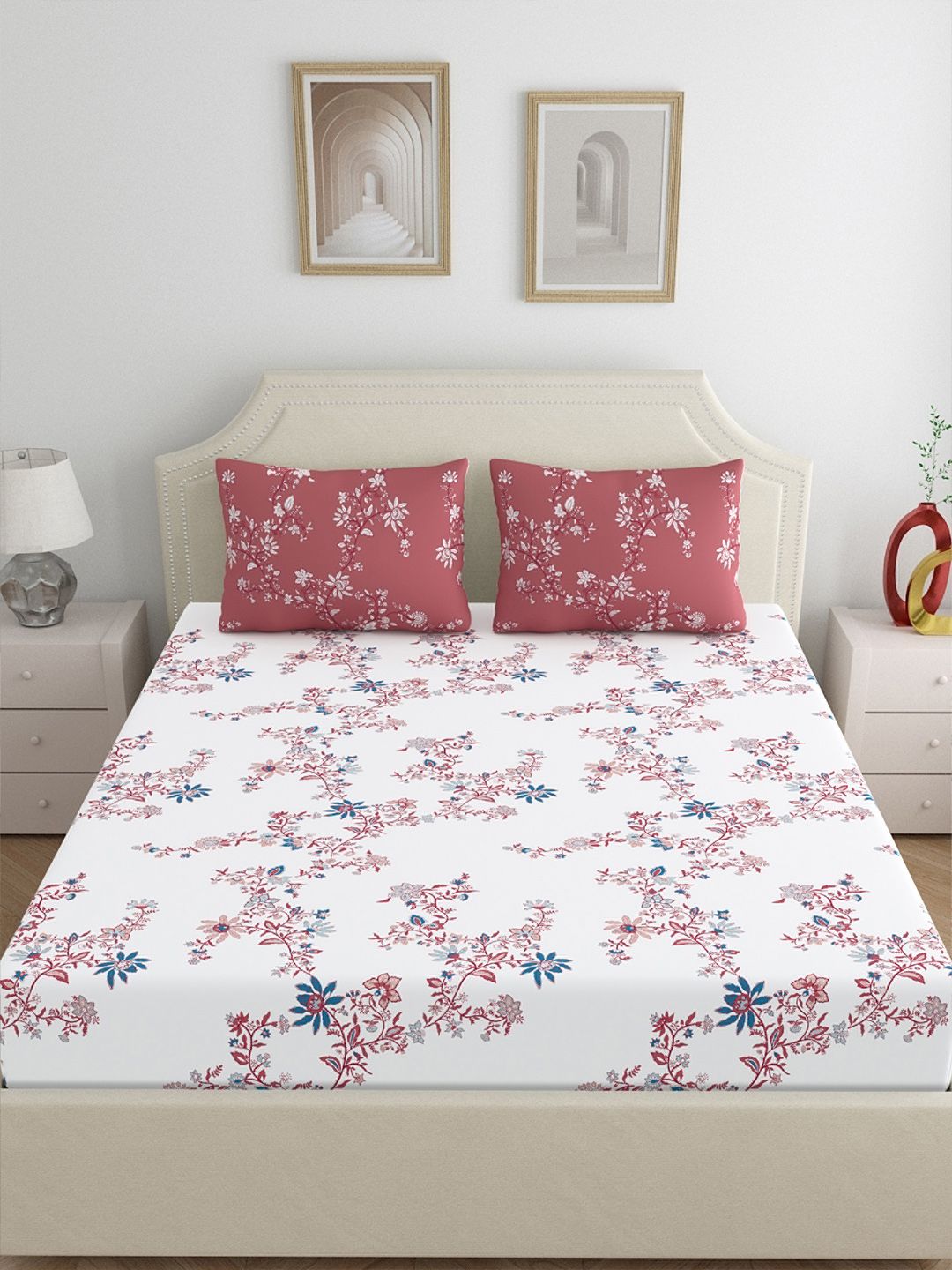 Home Ecstasy Red Floral Pure Cotton 140 TC King Fine Bedsheet with 2 Pillow Covers-108 x 86 inches