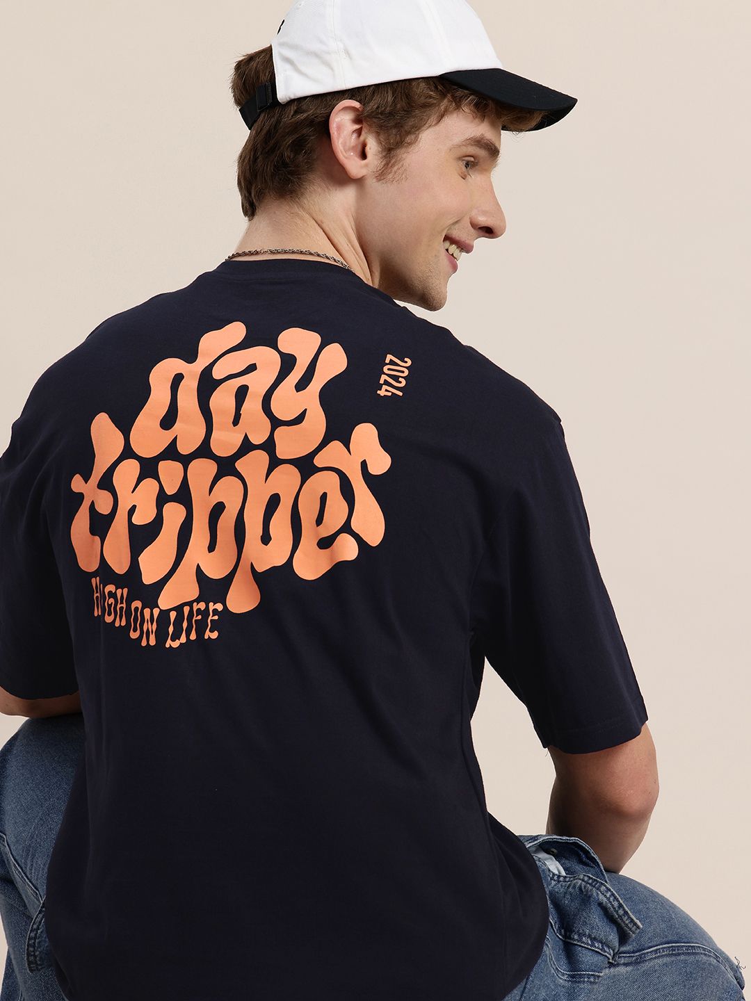 HERE&NOW Pure Cotton Typography Printed Drop-Shoulder Sleeves Relaxed Fit T-shirt