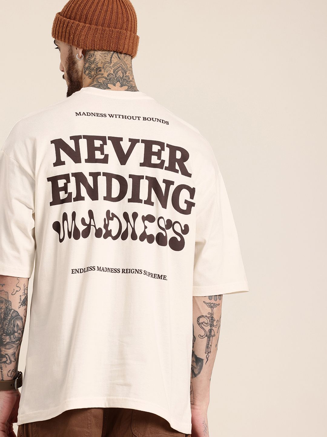 HERE&NOW Pure Cotton Typography Printed Drop-Shoulder Sleeves Oversized Fit T-shirt