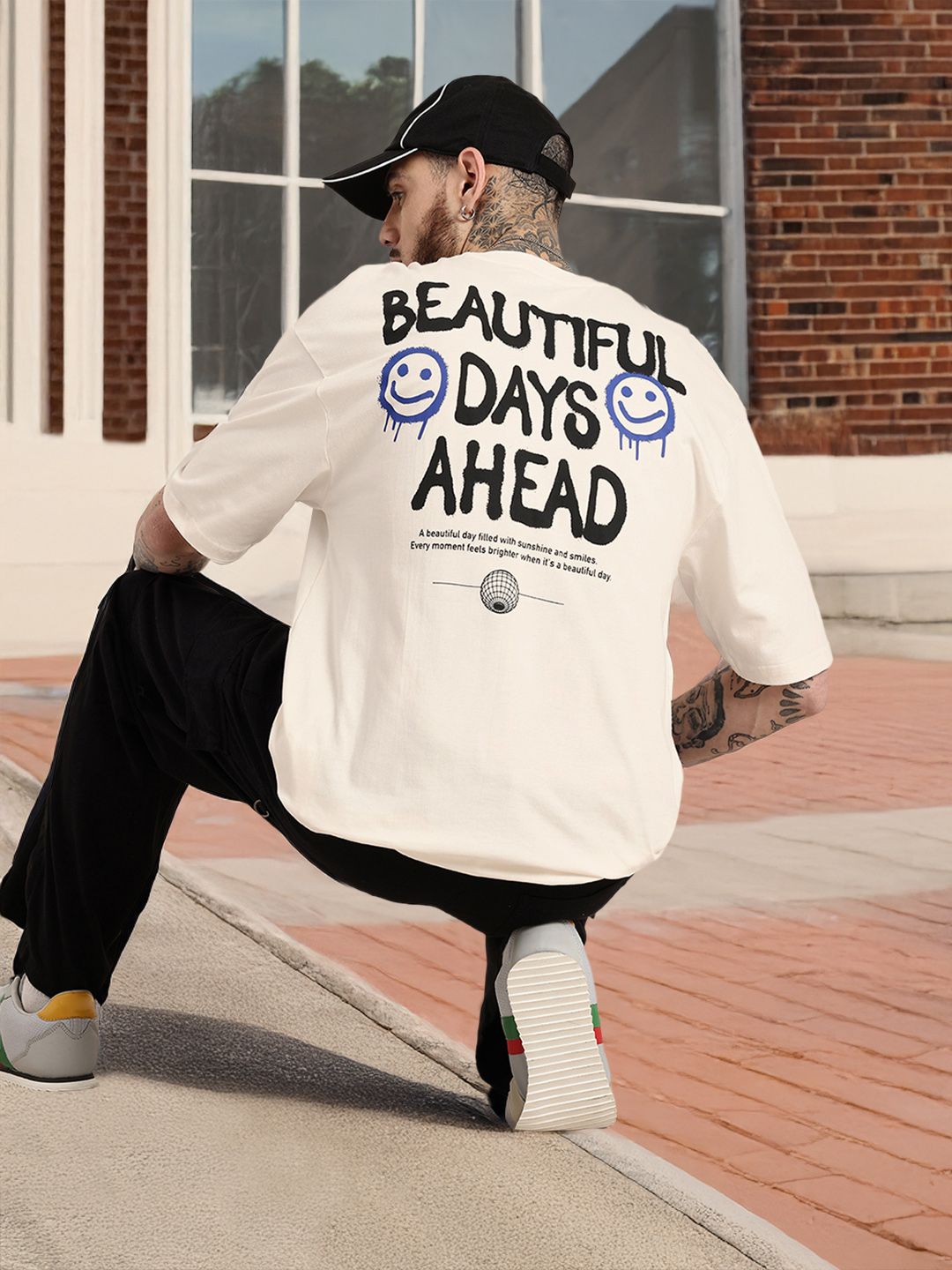 HERE&NOW Typography Printed Drop-Shoulder Sleeves Oversized Fit Pure Cotton T-shirt
