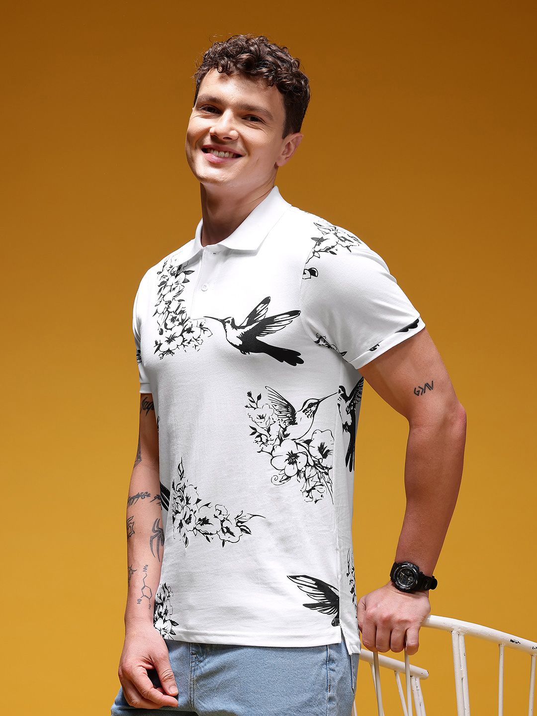 HERE&NOW Men Printed Polo Collar Pure Cotton T-shirt