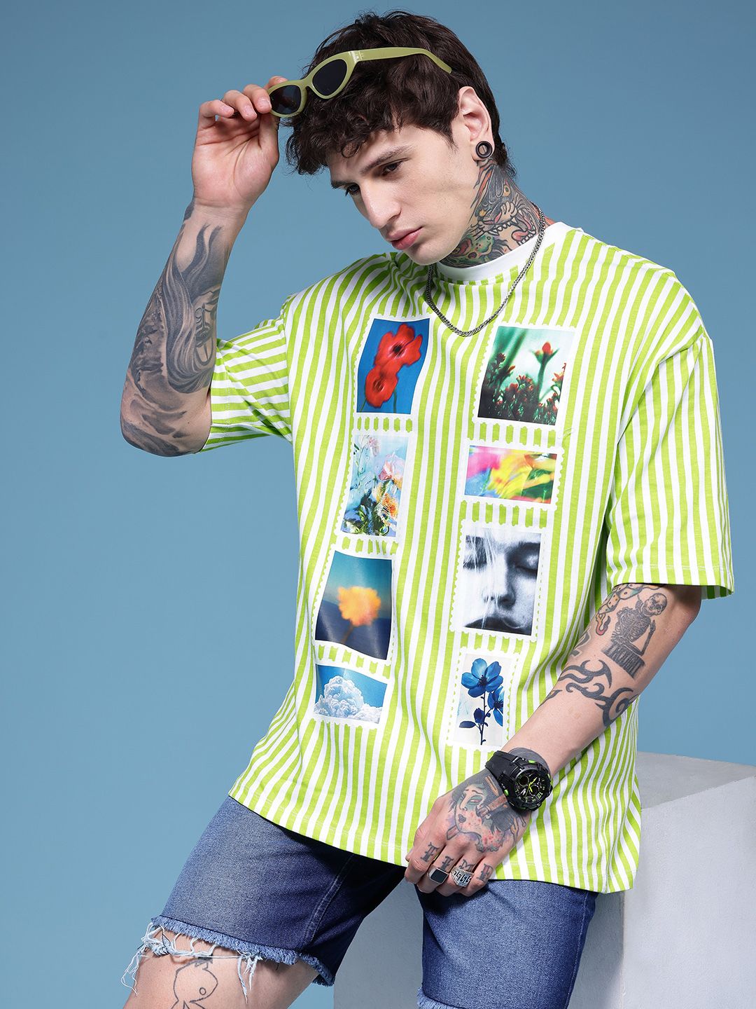 HERE&NOW Pure Cotton Striped Photographic Printed Oversized T-shirt