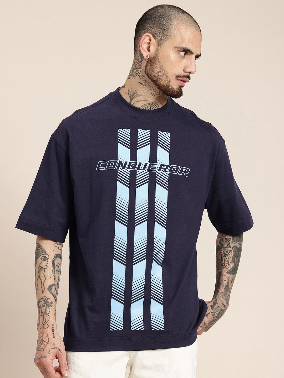 HERE&NOW Graphic Printed Drop-Shoulder Sleeves Pure Cotton Oversized Fit T-shirt