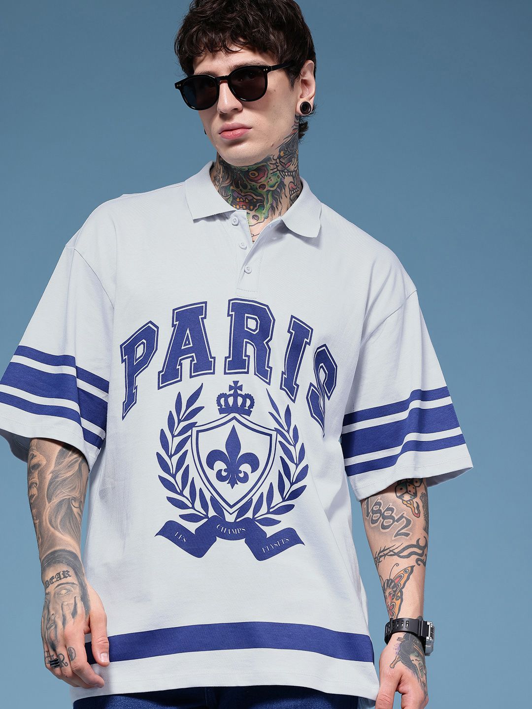 HERE&NOW Oversized Fit Varsity Printed Polo Collar Pure Cotton T-shirt