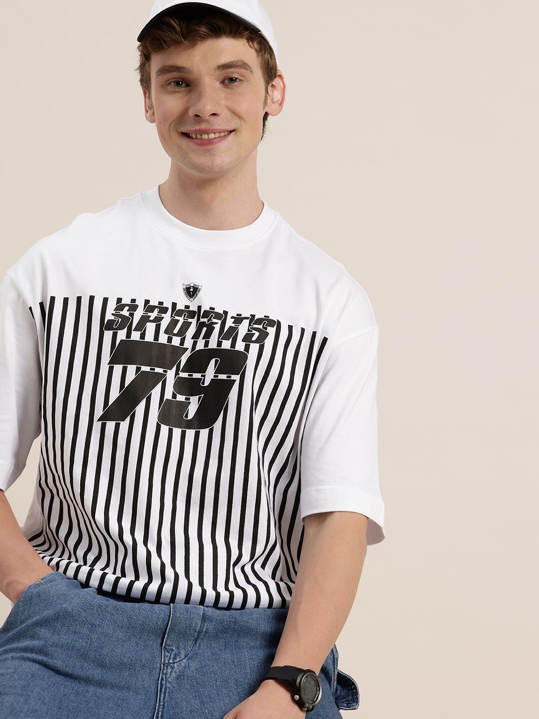 HERE&NOW Pure Cotton Typography Printed Striped Drop-Shoulder Sleeves Oversized Fit T-shirt