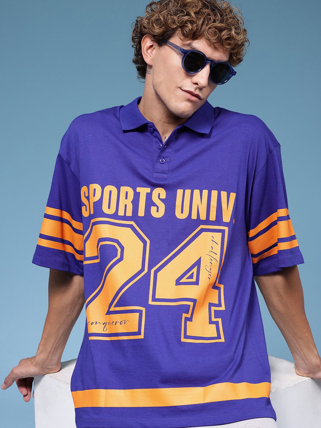 HERE&NOW Oversized Fit Varsity Printed Polo Collar Pure Cotton T-shirt