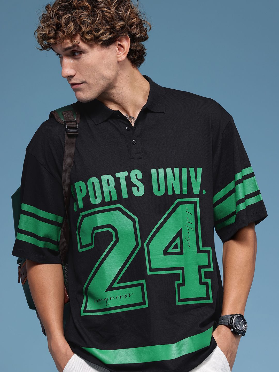 HERE&NOW Pure Cotton Varsity Printed Relaxed Fit Polo Collar T-shirt