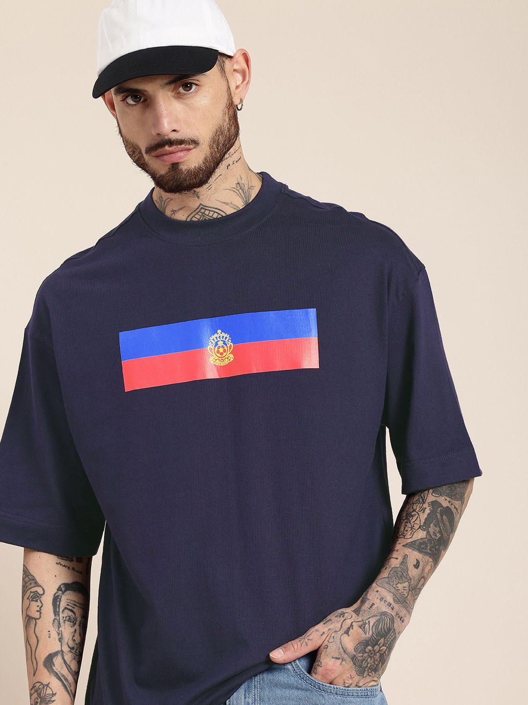 HERE&NOW Pure Cotton Graphic Printed Drop-Shoulder Sleeves Oversized Fit T-shirt