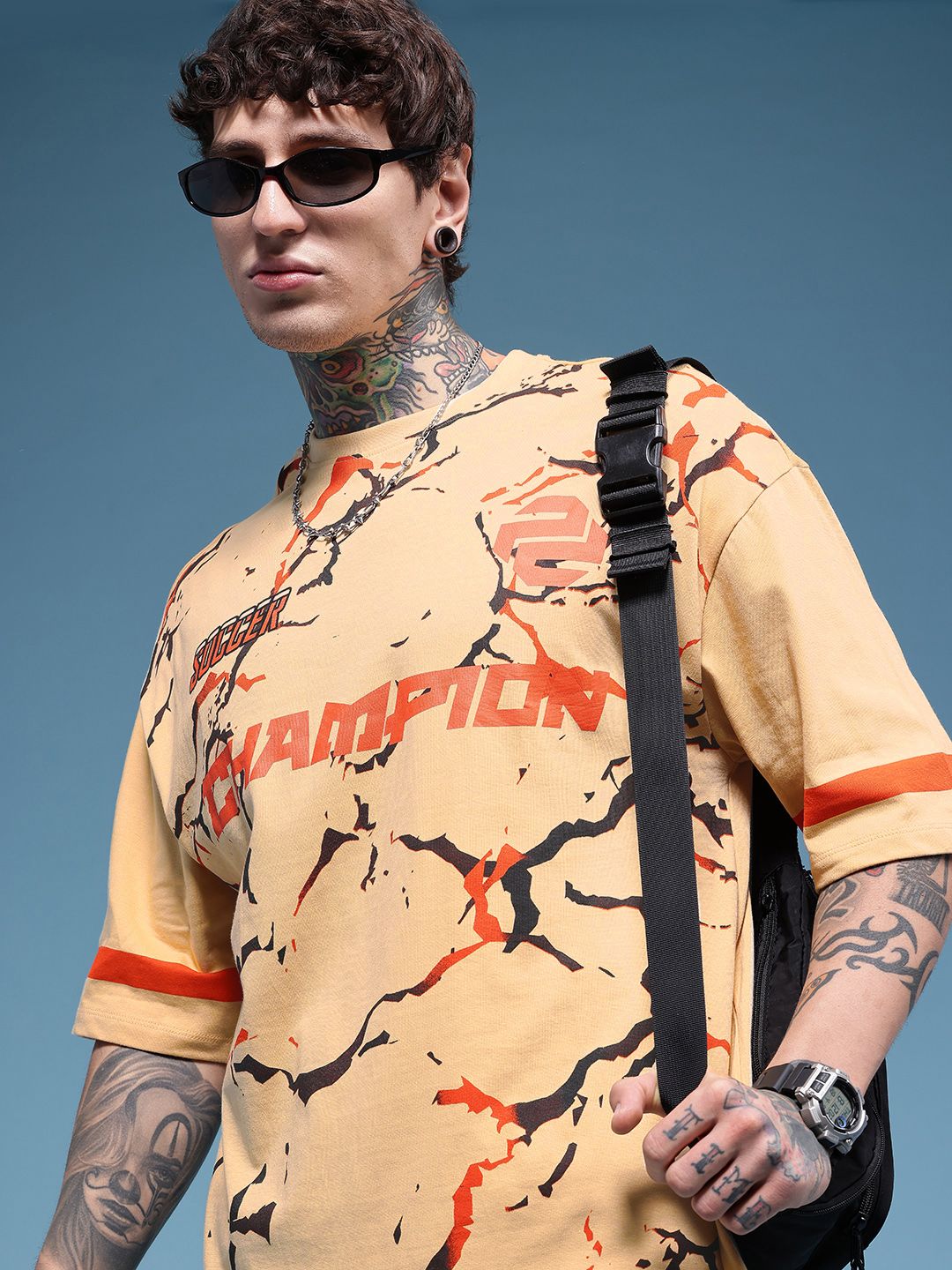HERE&NOW Abstract Printed Drop-Shoulder Sleeves Pure Cotton Relaxed Fit T-shirt