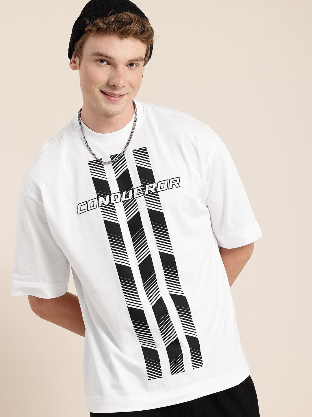 HERE&NOW Oversized Fit Graphic Printed Drop-Shoulder Sleeves Pure Cotton T-shirt