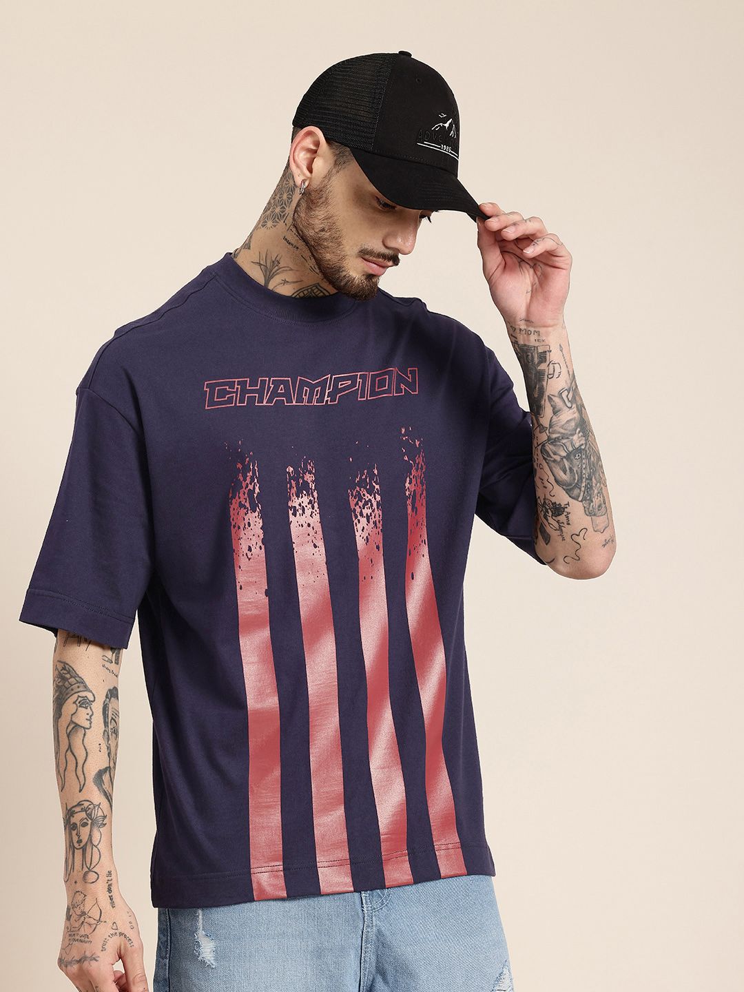HERE&NOW Pure Cotton Graphic Printed Drop-Shoulder Sleeves Oversized Fit T-shirt