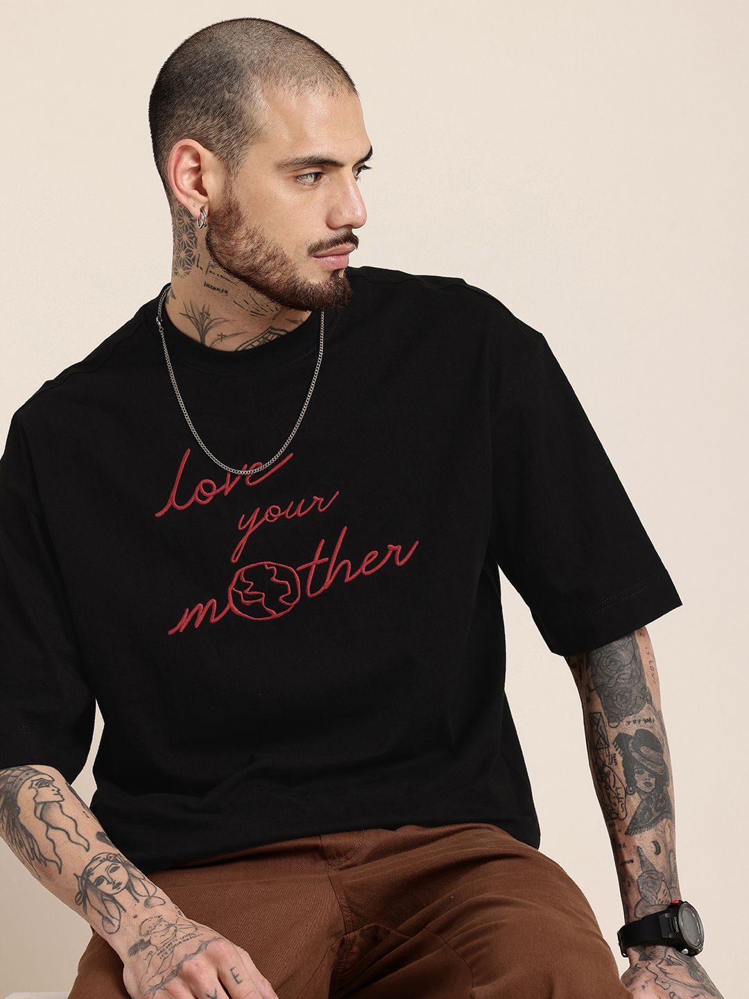 HERE&NOW Typography Printed Drop-Shoulder Sleeves Oversized Fit Pure Cotton T-shirt