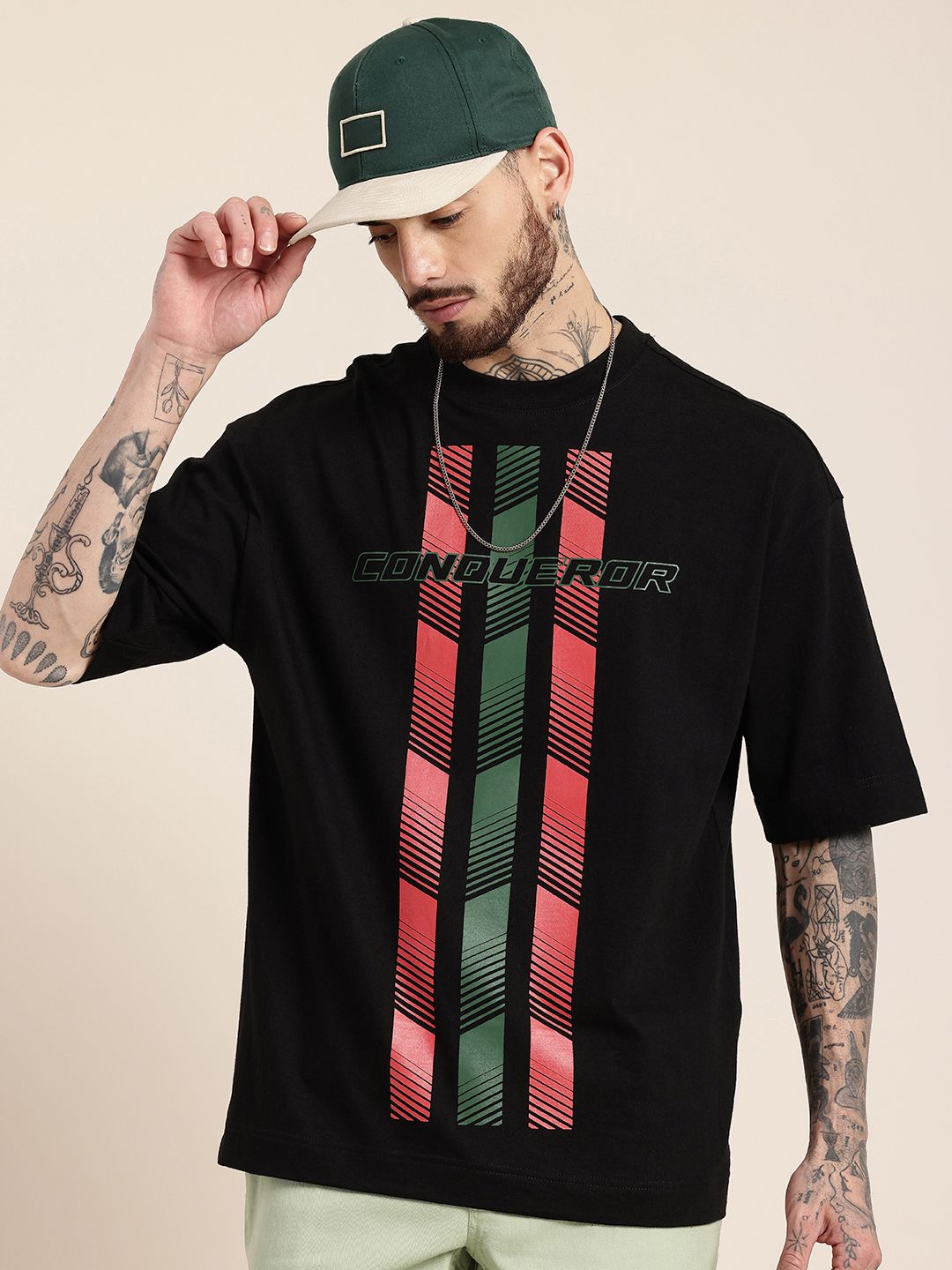 HERE&NOW Oversized Fit Graphic Printed Drop-Shoulder Sleeves Pure Cotton T-shirt
