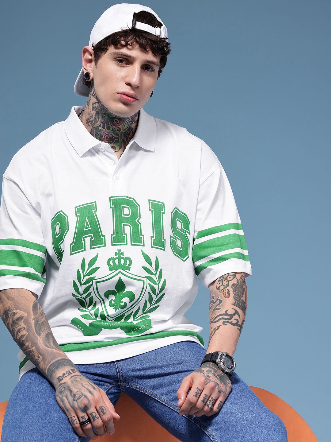 HERE&NOW Typography Printed Polo Collar Drop-Shoulder Sleeves Pure Cotton Relaxed Fit T-shirt