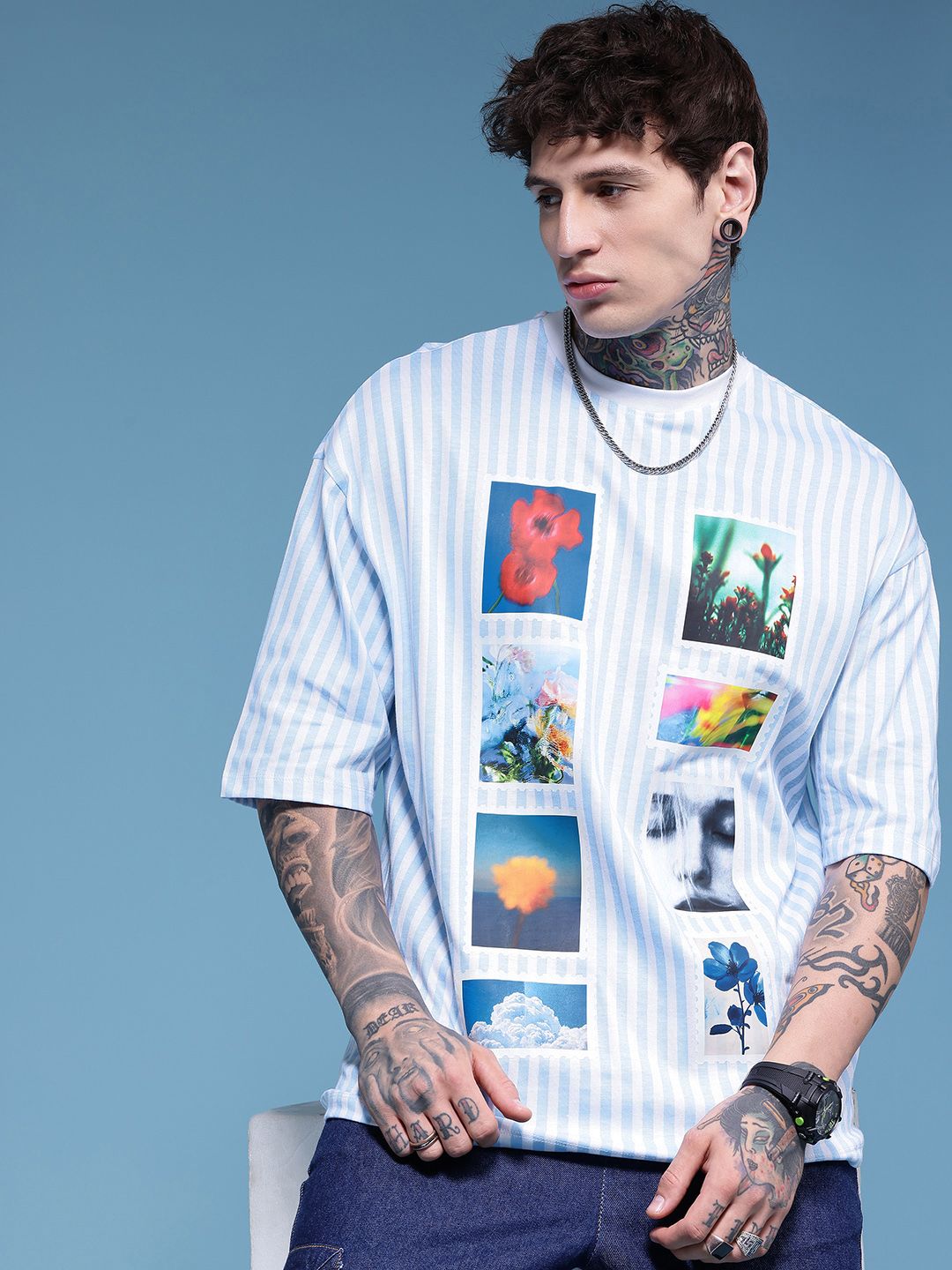 HERE&NOW Photographic Printed Drop-Shoulder Sleeves Pure Cotton Oversized T-shirt