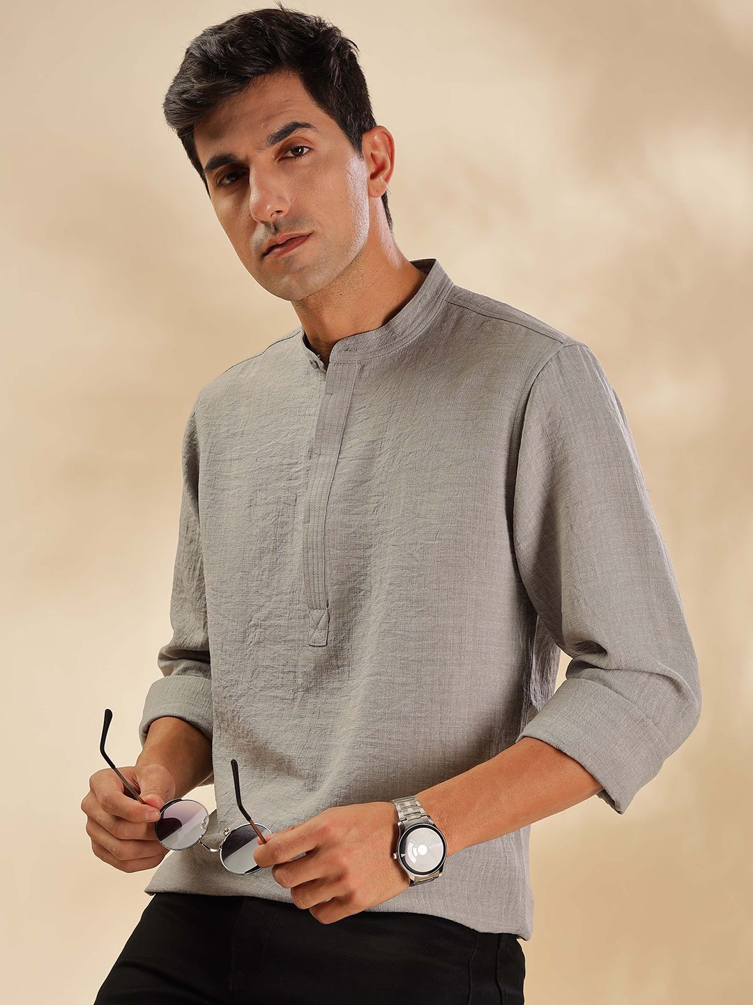 HERE&NOW Mandarin Collar Straight Short Kurta