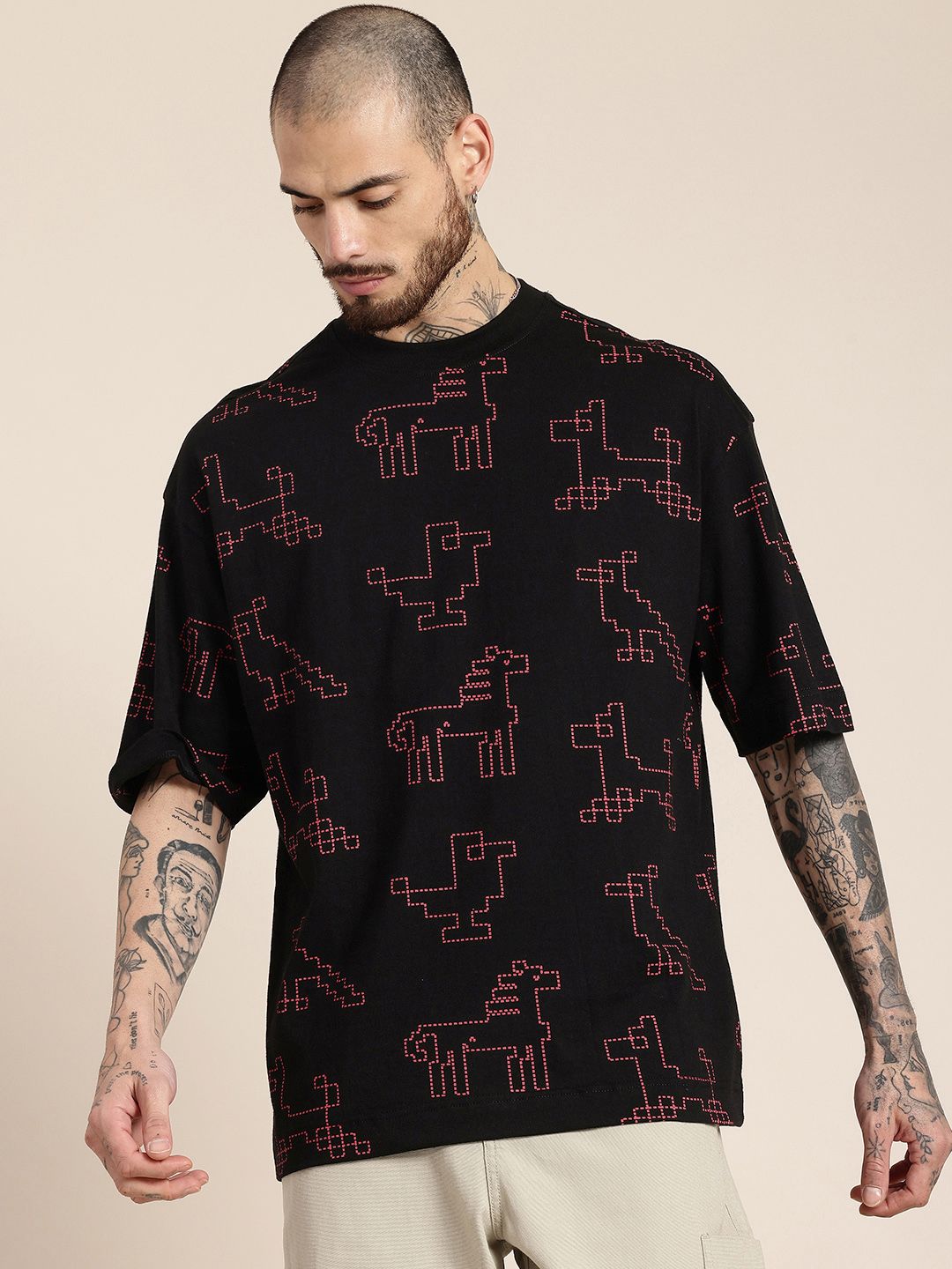 HERE&NOW Printed Drop-Shoulder Sleeves Oversized Pure Cotton T-shirt