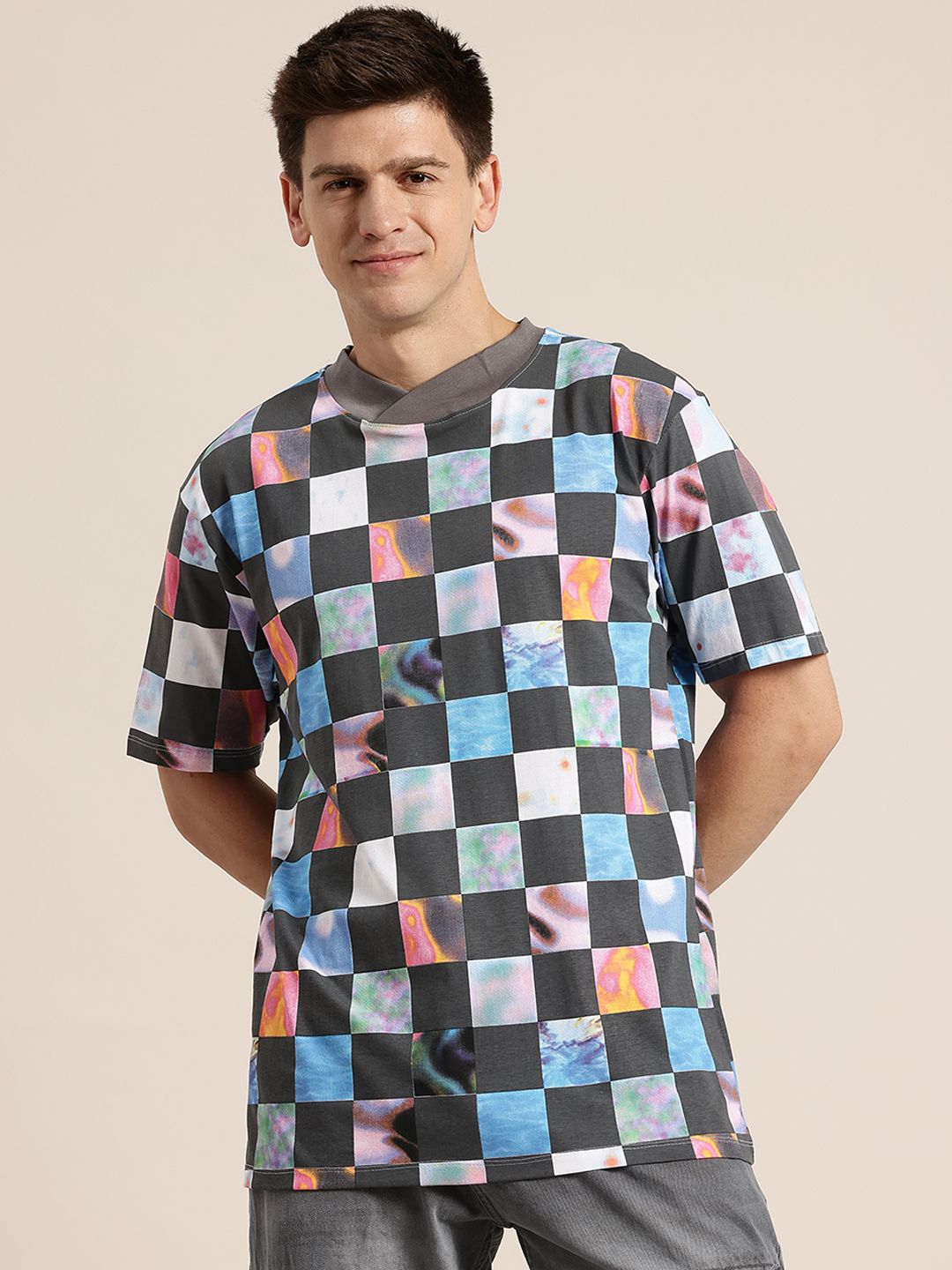 HERE&NOW Checked Pure Cotton Longline T-shirt