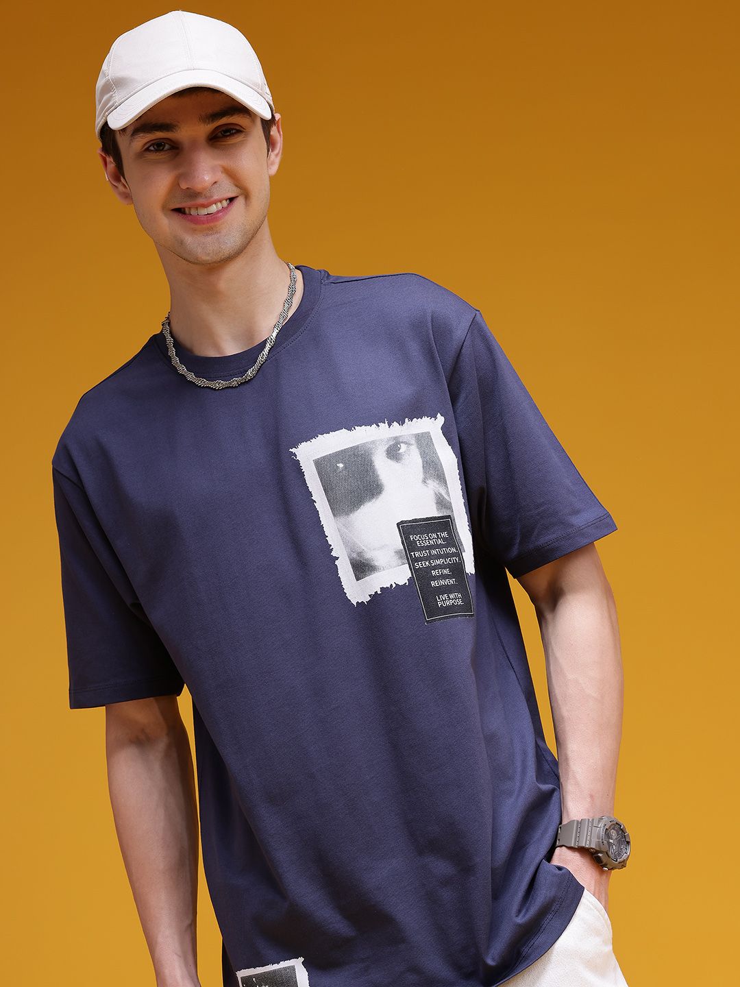 HERE&NOW Printed Drop-Shoulder Sleeves Pure Cotton Relaxed T-shirt