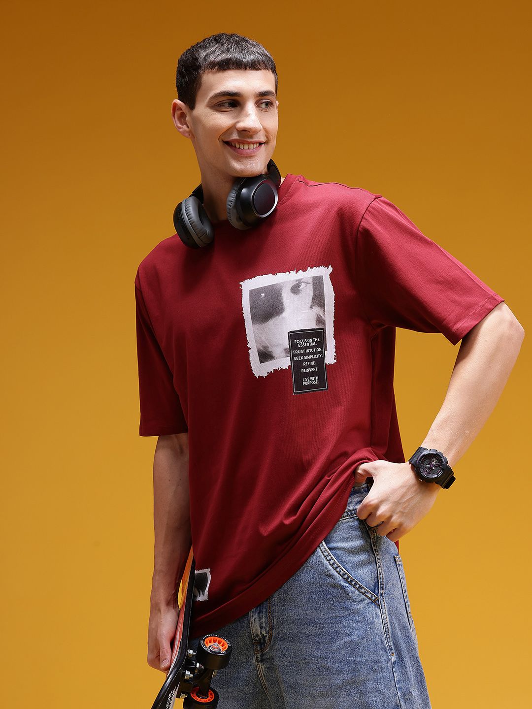 HERE&NOW Men Photographic Printed Drop-Shoulder Sleeves Cotton T-shirt