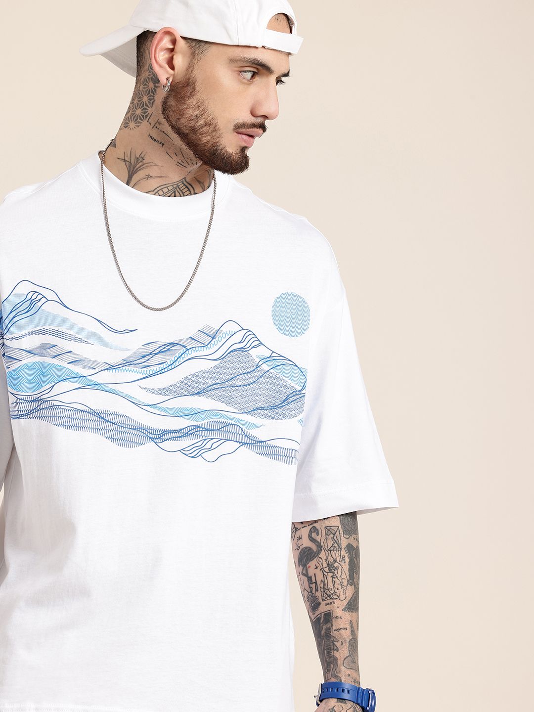 HERE&NOW Oversized Fit Printed Drop-Shoulder Sleeves Pure Cotton T-shirt