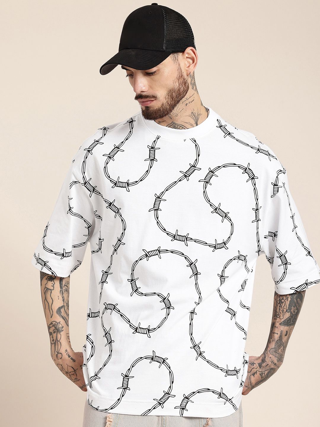 HERE&NOW Printed Drop-Shoulder Sleeves Oversized Pure Cotton T-shirt