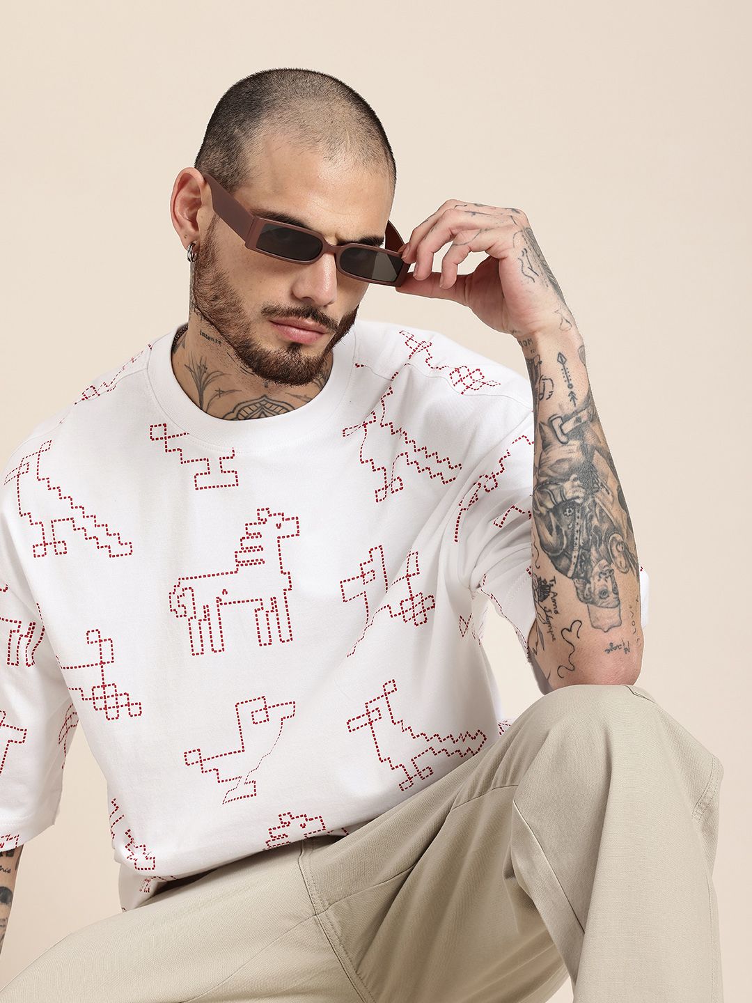 HERE&NOW Pure Cotton Conversational Printed Drop-Shoulder Sleeves Oversized Fit T-shirt